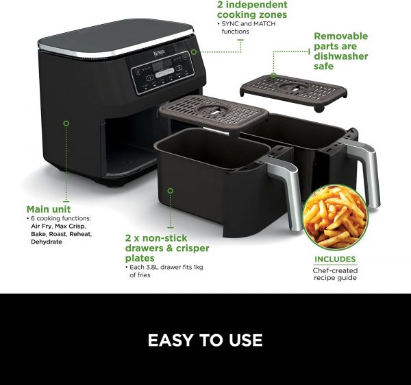 Ninja Foodi Dual Zone Digital Air Fryer, 2 Drawers, 7.6L, 6-in-1 - Image 3