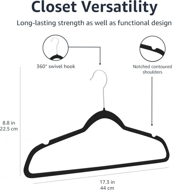 Amazon Basics Slim Velvet Non-Slip Suit Hangers - 30-Pack, Black/Silver - Image 3
